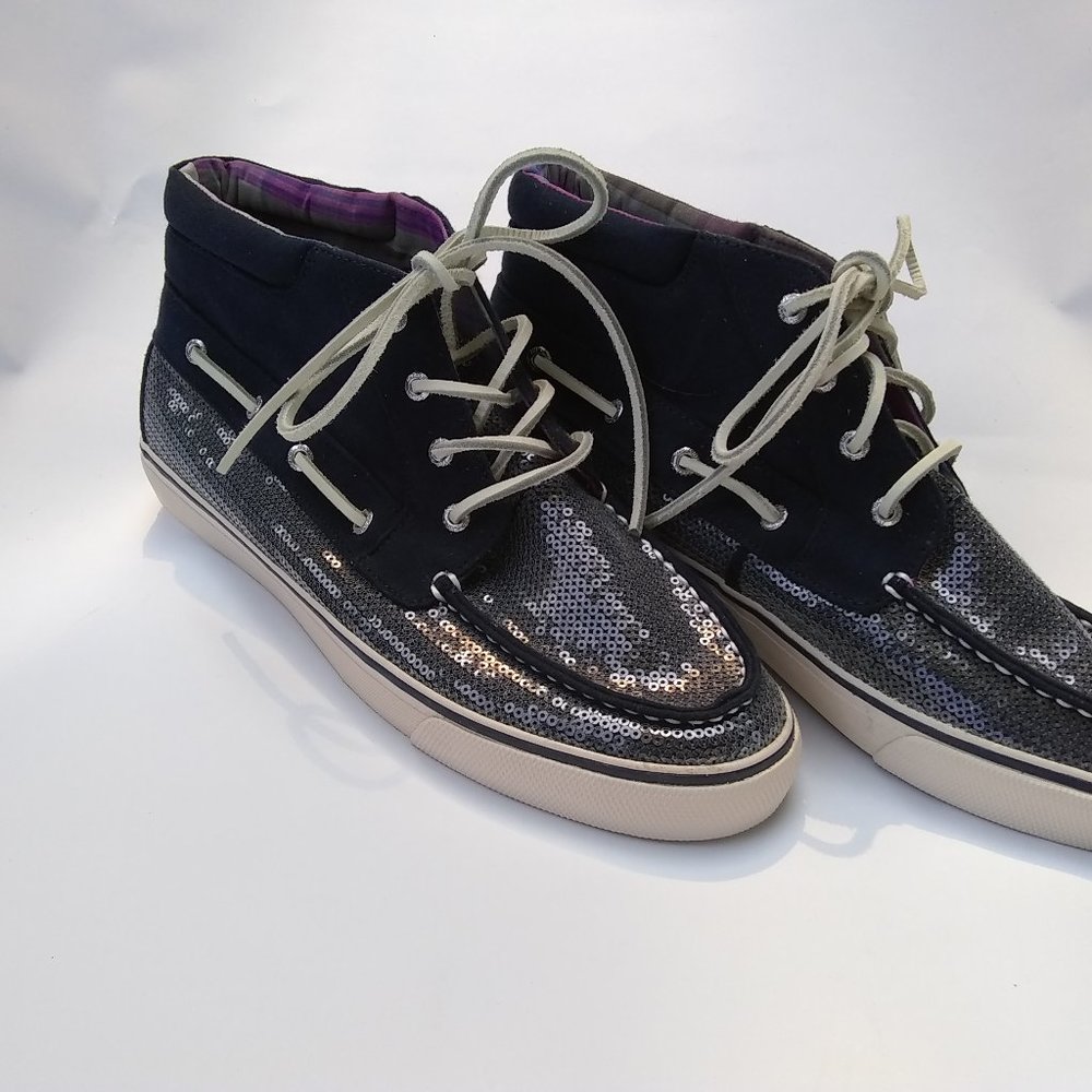 Sperry Top-Sider Shoes Women's 10M Boat High Top Bl/Silver Sequin Not Worn EUC